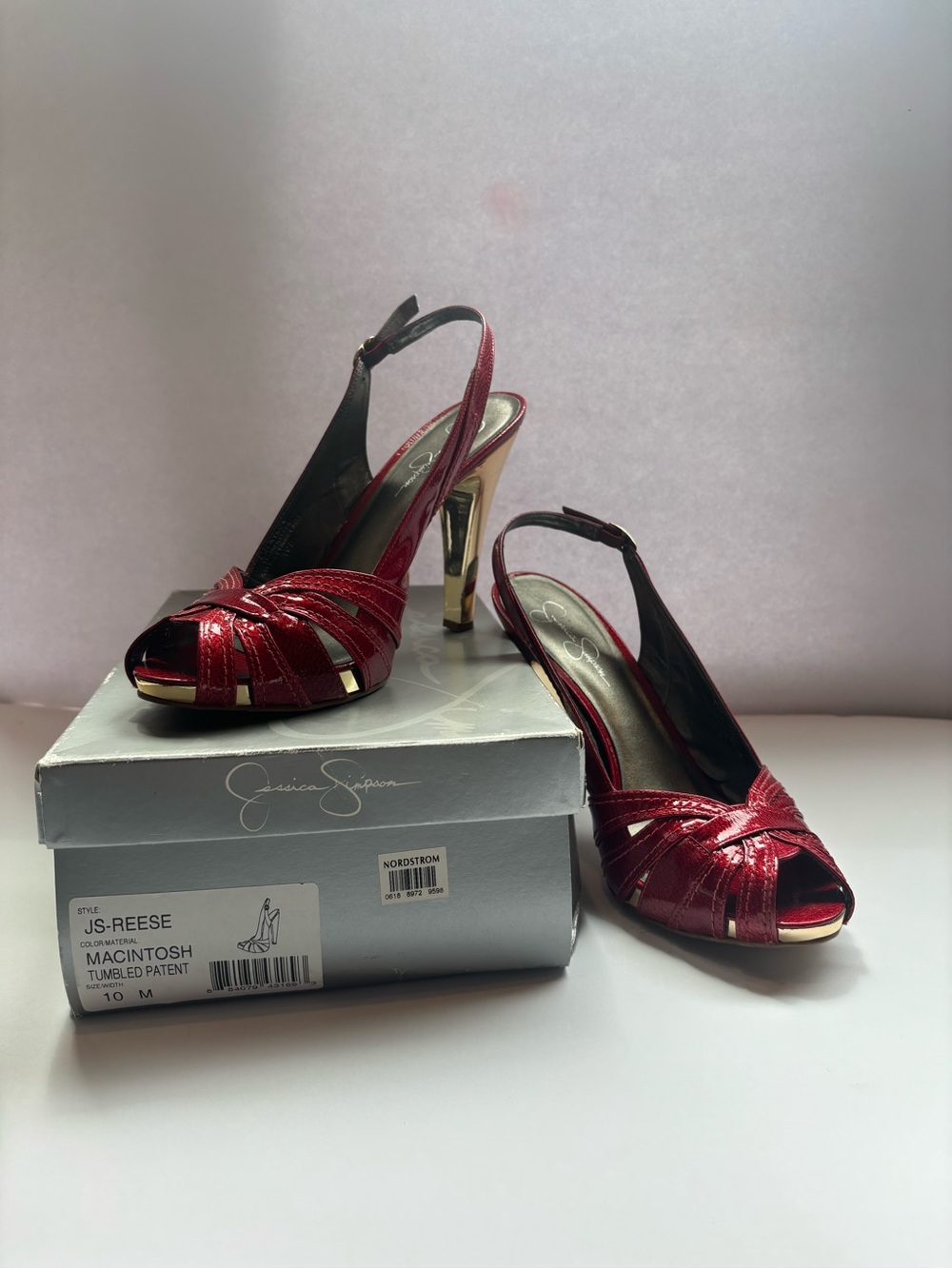 Jessica Simpson Red Patent Peep-Toe Slingback Heels with Gold Accent